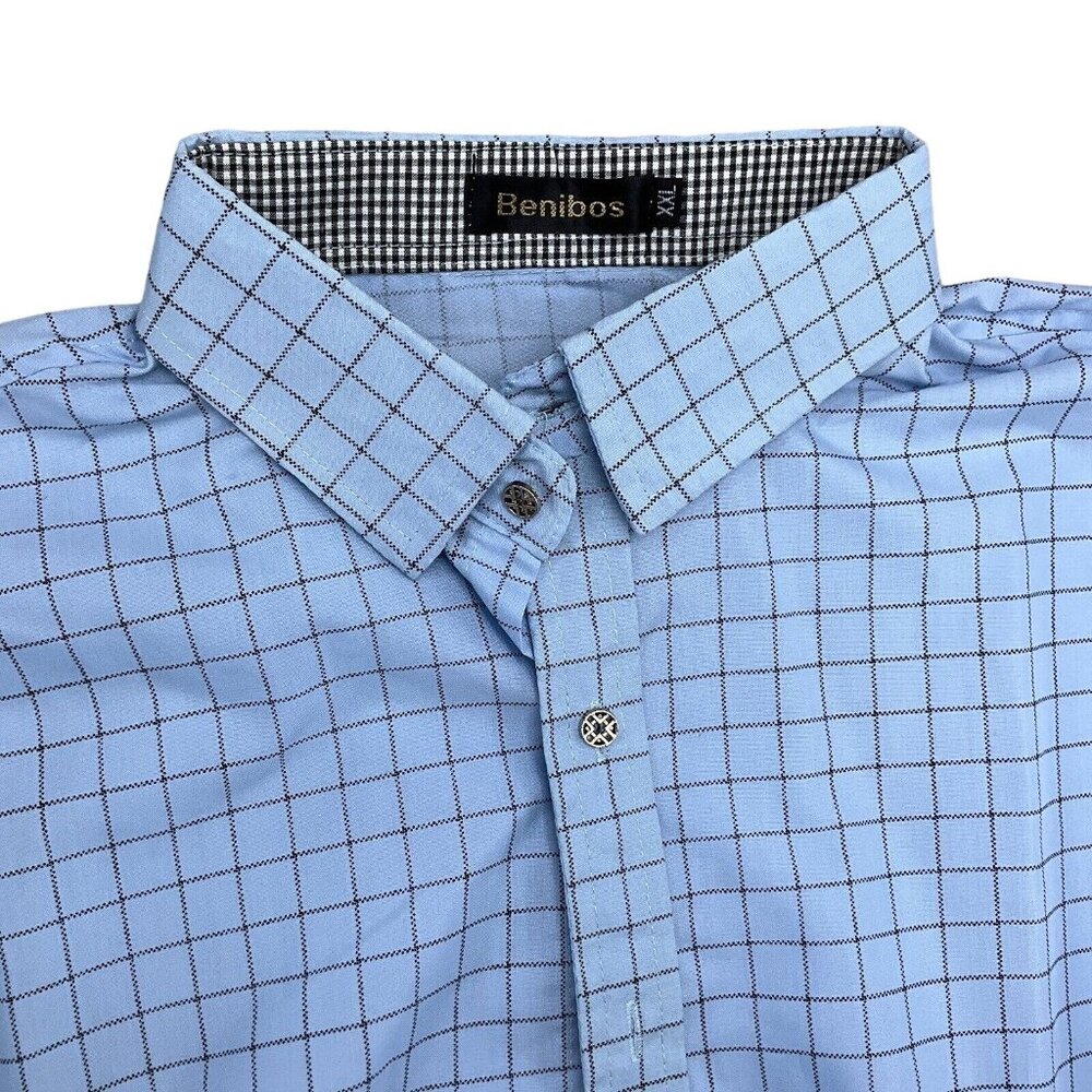 Benibos Shirt Men 2XLarge Blue Black Check Cotton Preppy Dress‎ Classic VTG